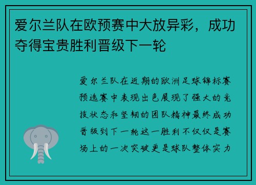 爱尔兰队在欧预赛中大放异彩，成功夺得宝贵胜利晋级下一轮