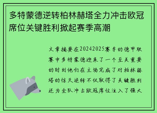 多特蒙德逆转柏林赫塔全力冲击欧冠席位关键胜利掀起赛季高潮