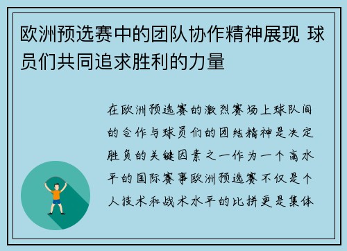 欧洲预选赛中的团队协作精神展现 球员们共同追求胜利的力量